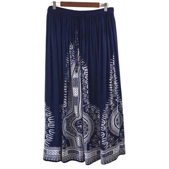 Gypsie Blu S/M Pull On Maxi Skirt Navy Blue White Flowy Boho Hippie Medallion - Picture 1 of 8